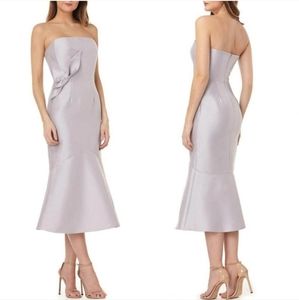 Kay Unger Size 10 Gray Silver Bead Flower Strapless Satin Trumpet Midi Gown NWT